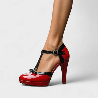 Ladies' Glossy Platform Pumps with T-Strap and Bow