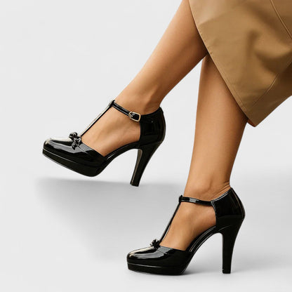 Ladies' Glossy Platform Pumps with T-Strap and Bow