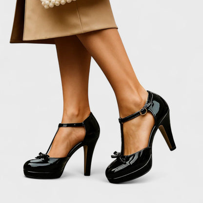 Ladies' Glossy Platform Pumps with T-Strap and Bow