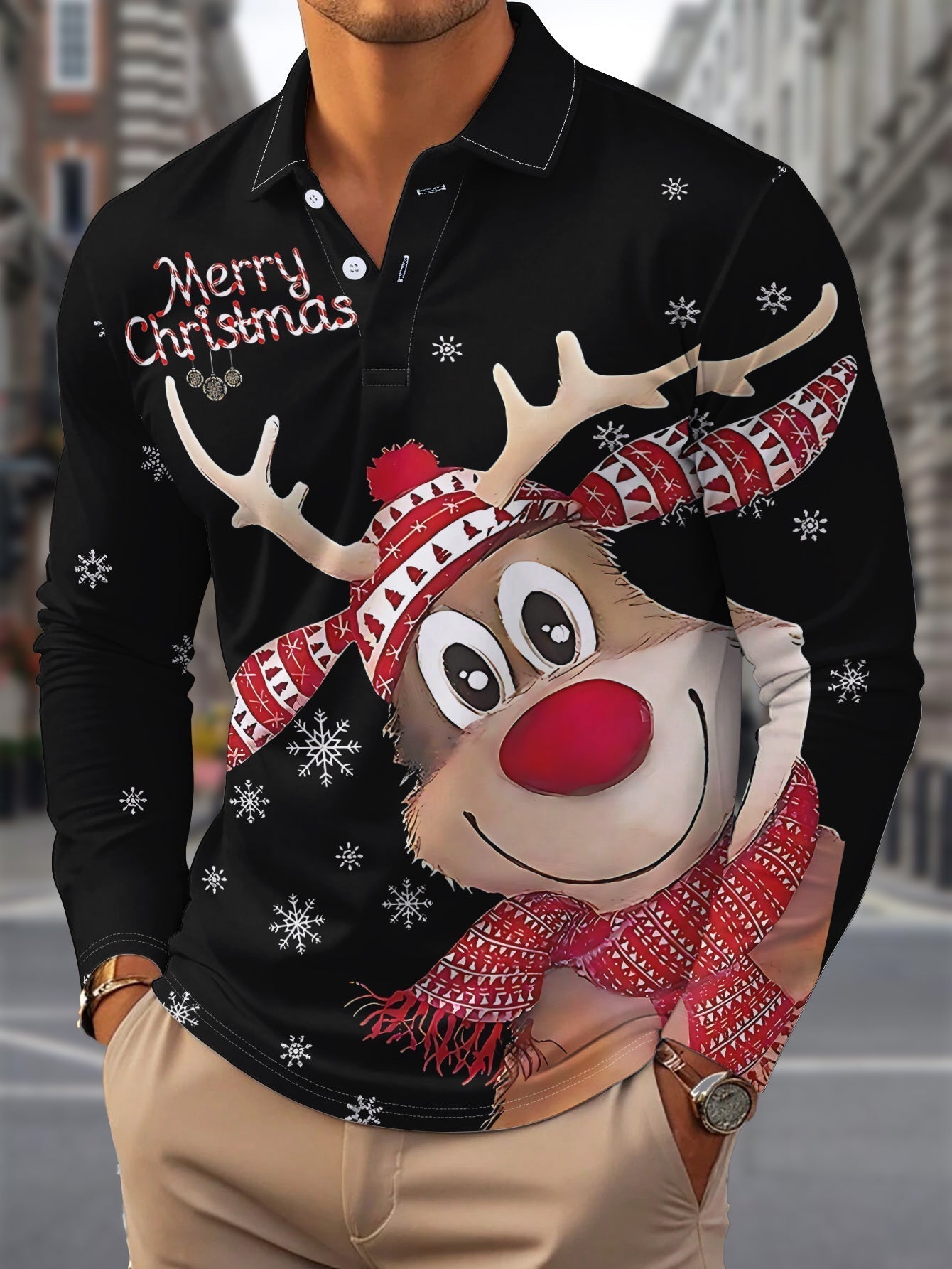 Renne | Chemise décontractée de Noël pour homme avec manches longues et col cranté