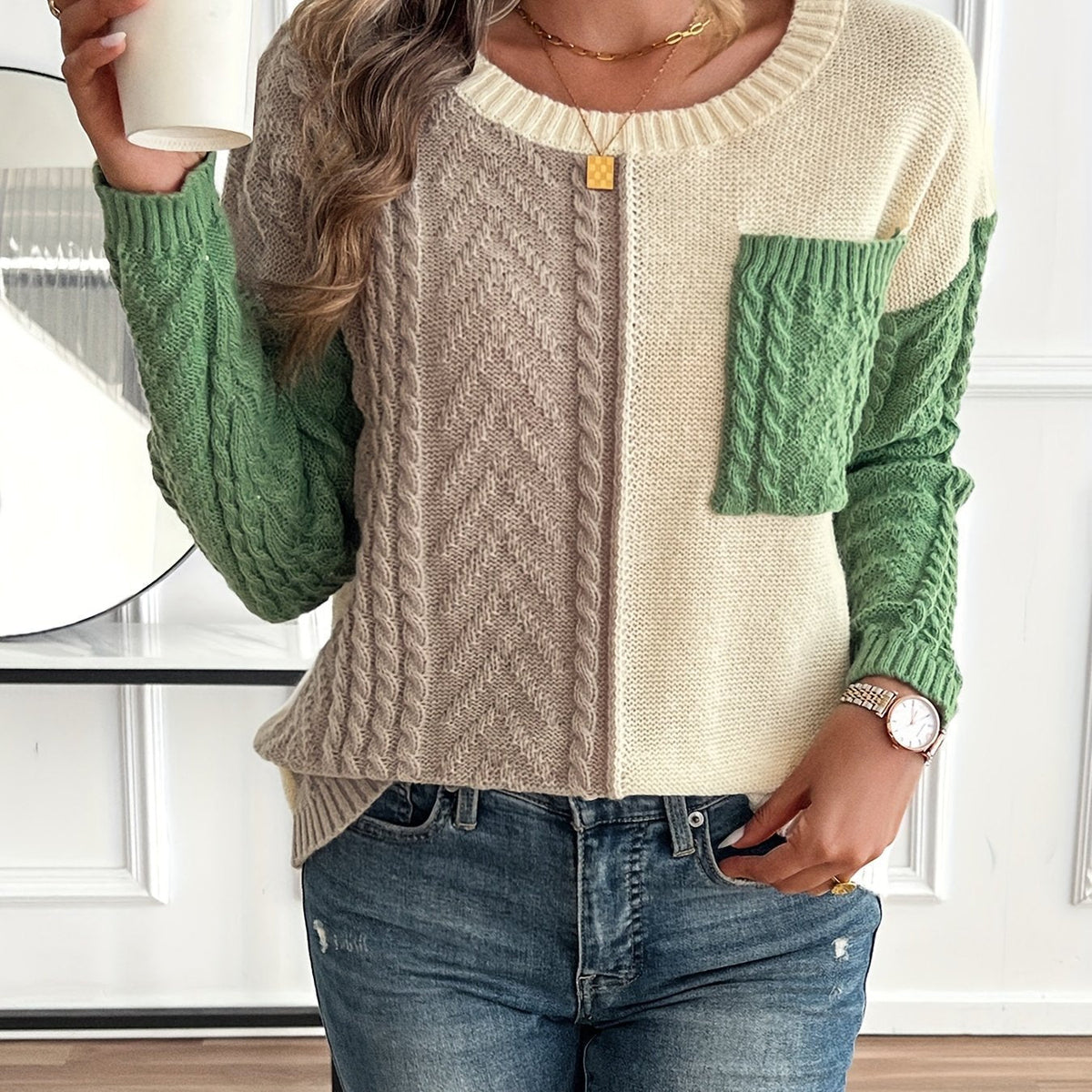 Ladies' Elegant Cable Knit Jumper with Round Neck and Chest Pocket