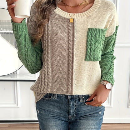 Ladies' Elegant Cable Knit Jumper with Round Neck and Chest Pocket
