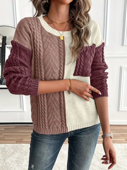 Ladies' Elegant Cable Knit Jumper with Round Neck and Chest Pocket