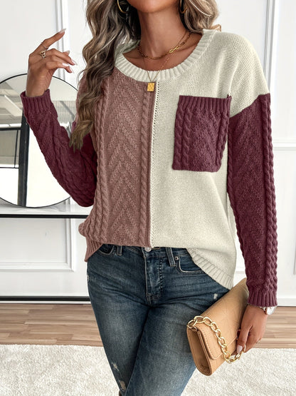 Ladies' Elegant Cable Knit Jumper with Round Neck and Chest Pocket