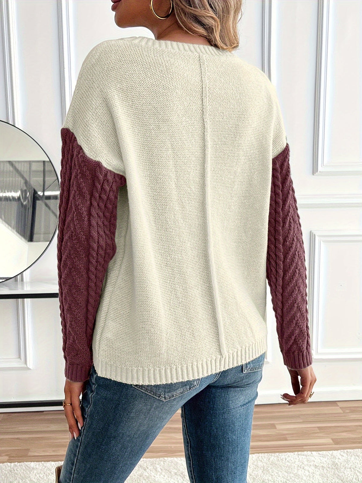 Ladies' Elegant Cable Knit Jumper with Round Neck and Chest Pocket