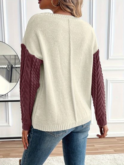 Ladies' Elegant Cable Knit Jumper with Round Neck and Chest Pocket