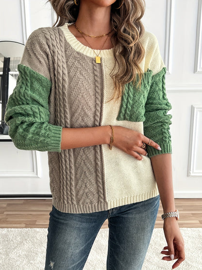 Ladies' Elegant Cable Knit Jumper with Round Neck and Chest Pocket