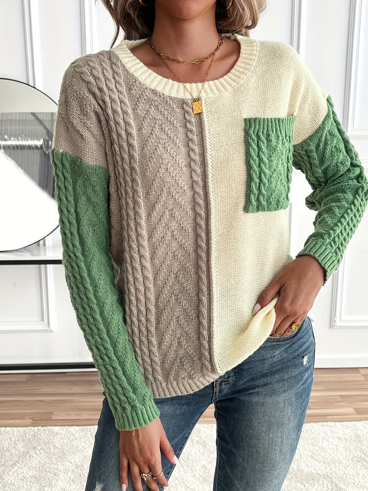 Ladies' Elegant Cable Knit Jumper with Round Neck and Chest Pocket