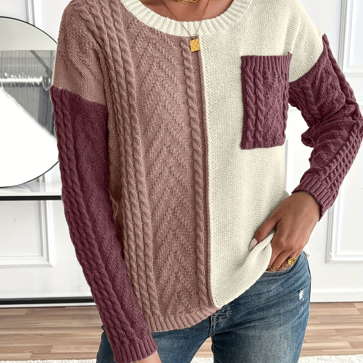 Ladies' Elegant Cable Knit Jumper with Round Neck and Chest Pocket