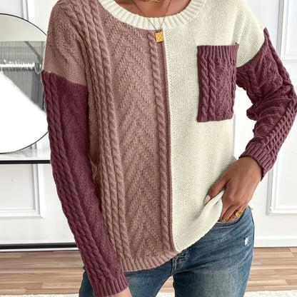 Ladies' Elegant Cable Knit Jumper with Round Neck and Chest Pocket