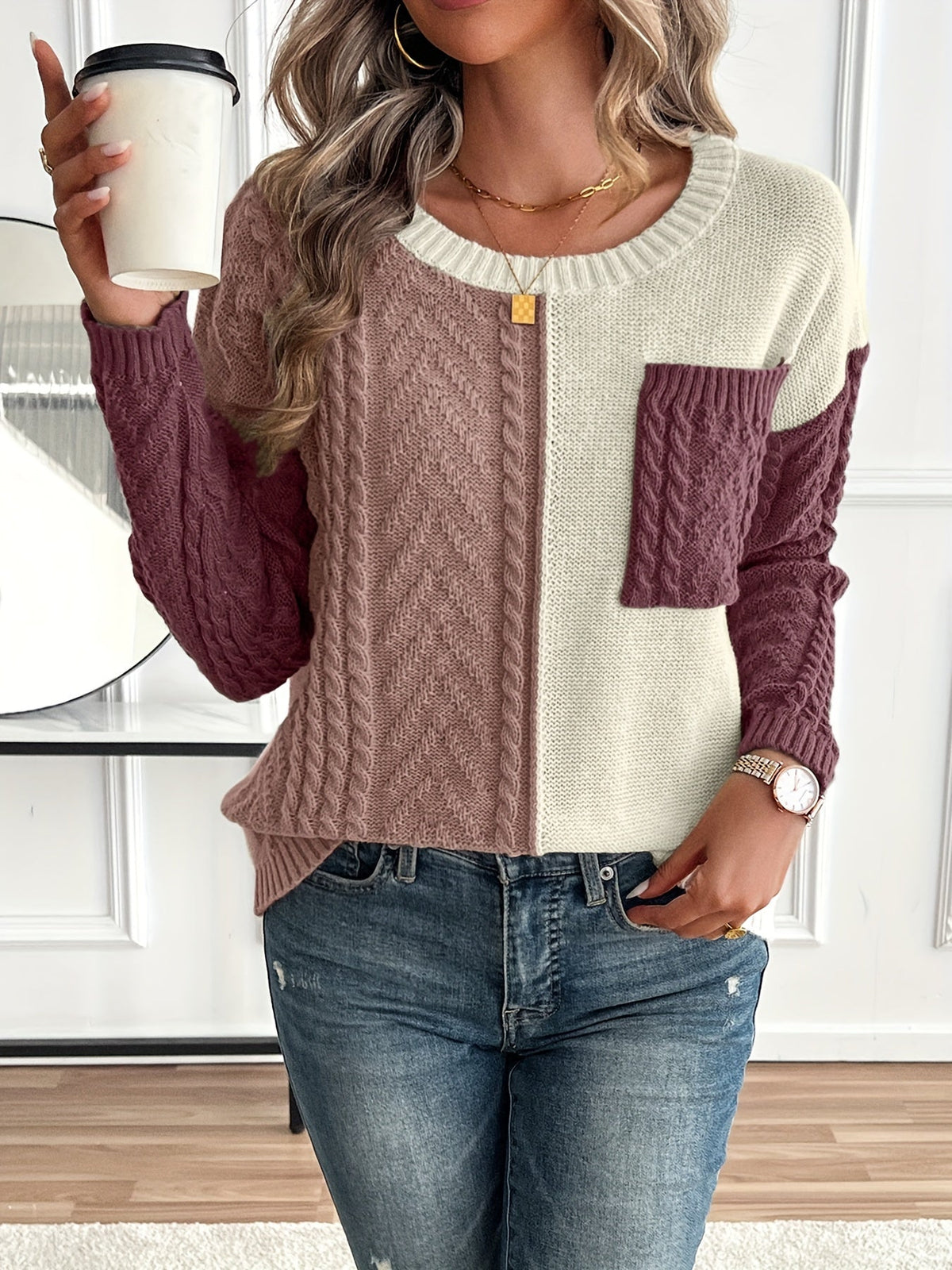 Ladies' Elegant Cable Knit Jumper with Round Neck and Chest Pocket