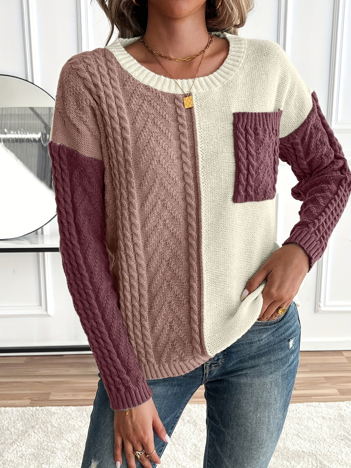 Ladies' Elegant Cable Knit Jumper with Round Neck and Chest Pocket