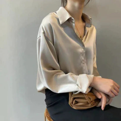 Satin Blouse with Long Sleeves and Classic Collar