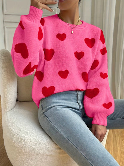 Sara | Pull rose avec motif de cœur rouge et col rond