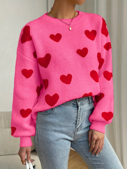 Sara | Pull rose avec motif de cœur rouge et col rond