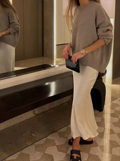 Ladies Luxe Satin Midi Skirt with Flowing Wide Hem