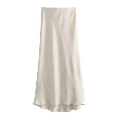 Ladies Luxe Satin Midi Skirt with Flowing Wide Hem