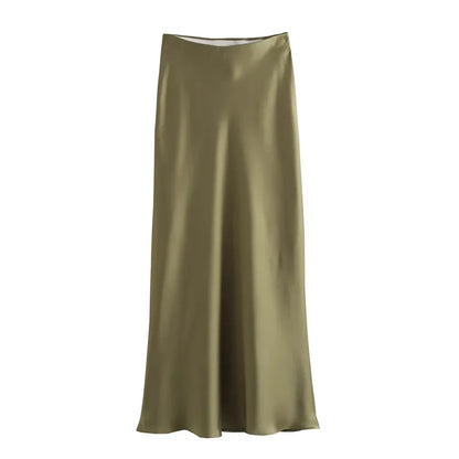 Elegant Women's Satin Midi Skirt with Flowing Fit