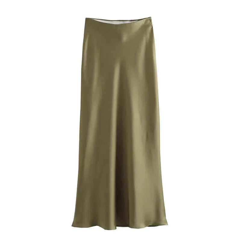 Ladies Luxe Satin Midi Skirt with Flowing Wide Hem