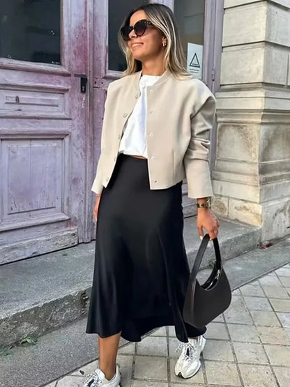Ladies Luxe Satin Midi Skirt with Flowing Wide Hem