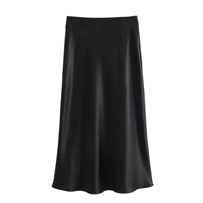 Ladies Luxe Satin Midi Skirt with Flowing Wide Hem