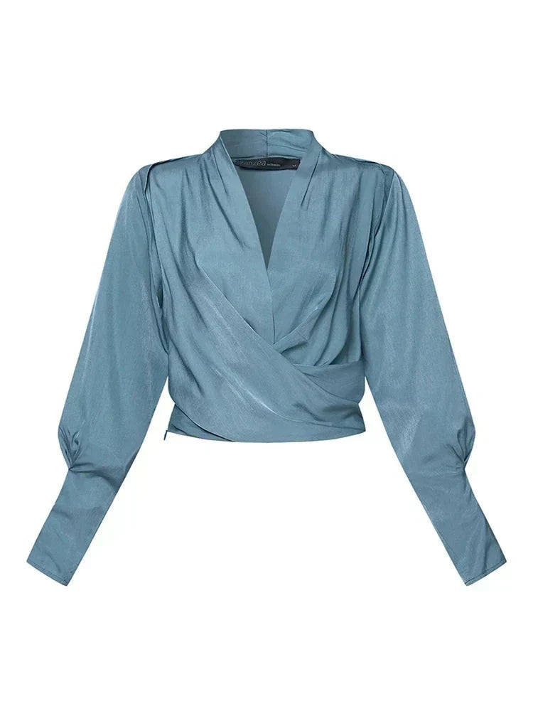 Satin Wrap Blouse With V Neck And Puff Sleeves For Women