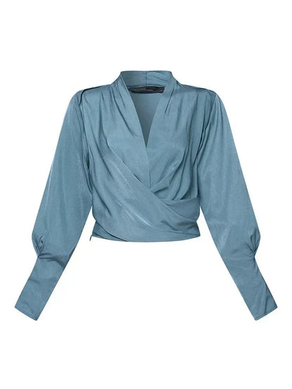 Satin Wrap Blouse With V Neck And Puff Sleeves For Women