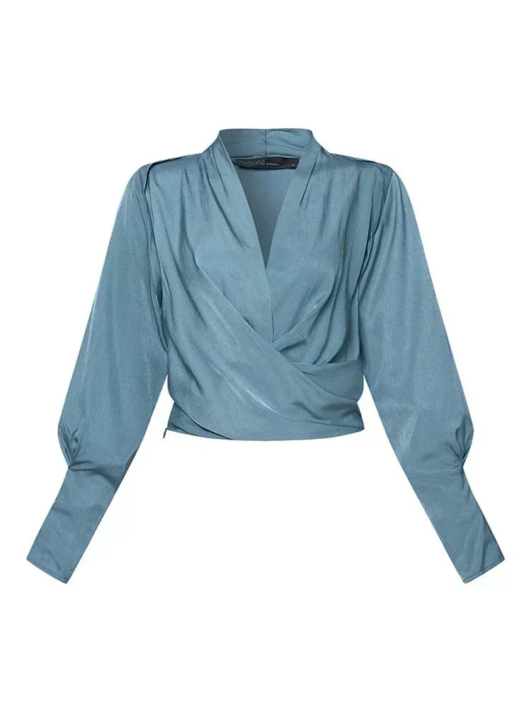 Ladies' Romantic Satin Top with V-Neck and Puff Sleeves