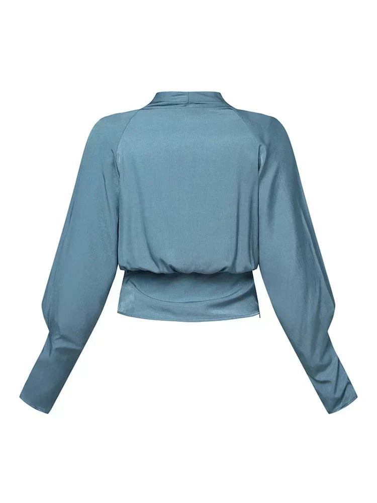 Satin Wrap Blouse With V Neck And Puff Sleeves For Women