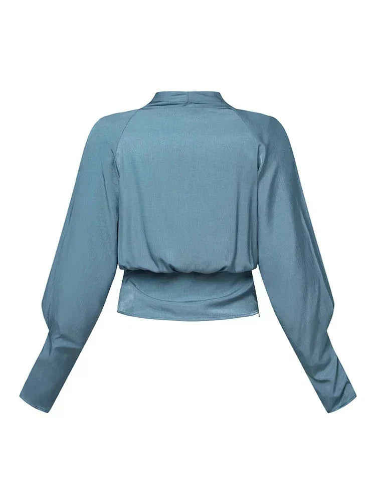 Ladies' Romantic Satin Top with V-Neck and Puff Sleeves