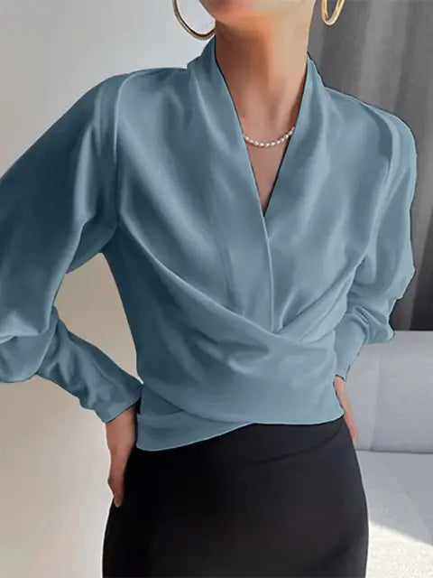 Satin Wrap Blouse With V Neck And Puff Sleeves For Women