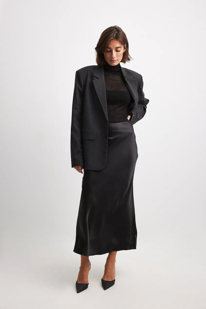 Chic Satin Midi Skirt with High Waist and A-Line