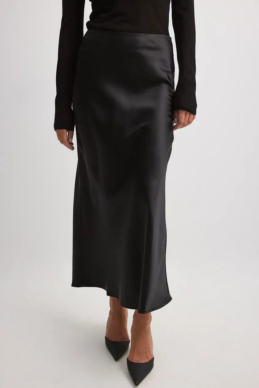 Chic Satin Midi Skirt with High Waist and A-Line