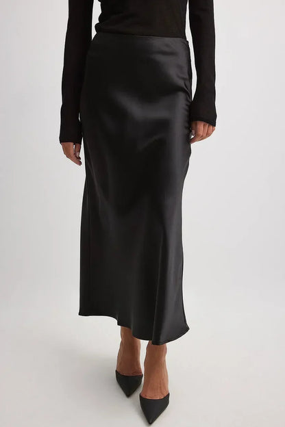 Chic Satin Midi Skirt with High Waist and A-Line