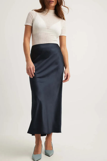 Chic Satin Midi Skirt with High Waist and A-Line