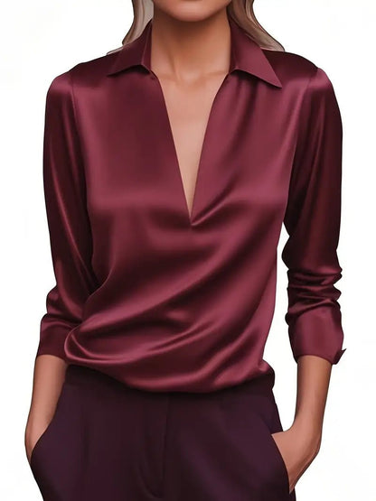 Ladies' Elegant Satin Blouse with V-Neck and Collar