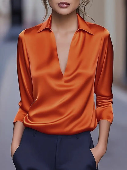 Ladies' Elegant Satin Blouse with V-Neck and Collar