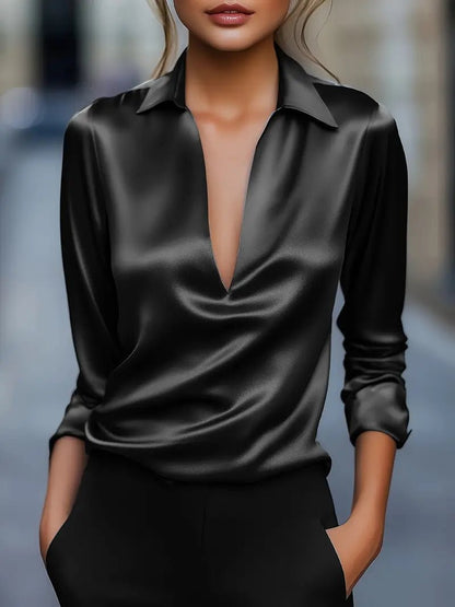 Ladies' Elegant Satin Blouse with V-Neck and Collar