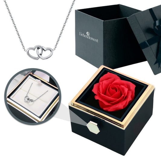 Set de regalo con rosa real y collar de doble corazón