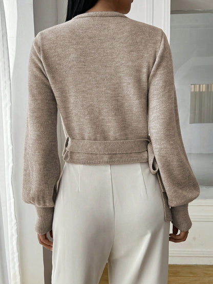 Stylish Knitted Wrap Croptop with V-Neck and Tie Belt