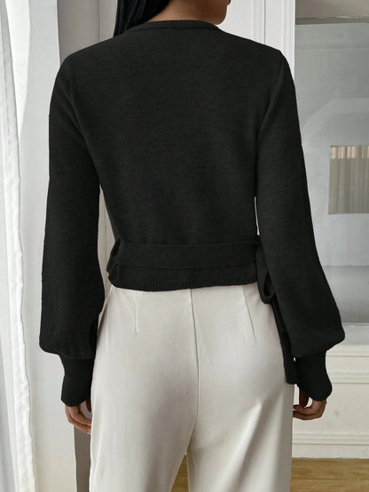 Stylish Knitted Wrap Croptop with V-Neck and Tie Belt