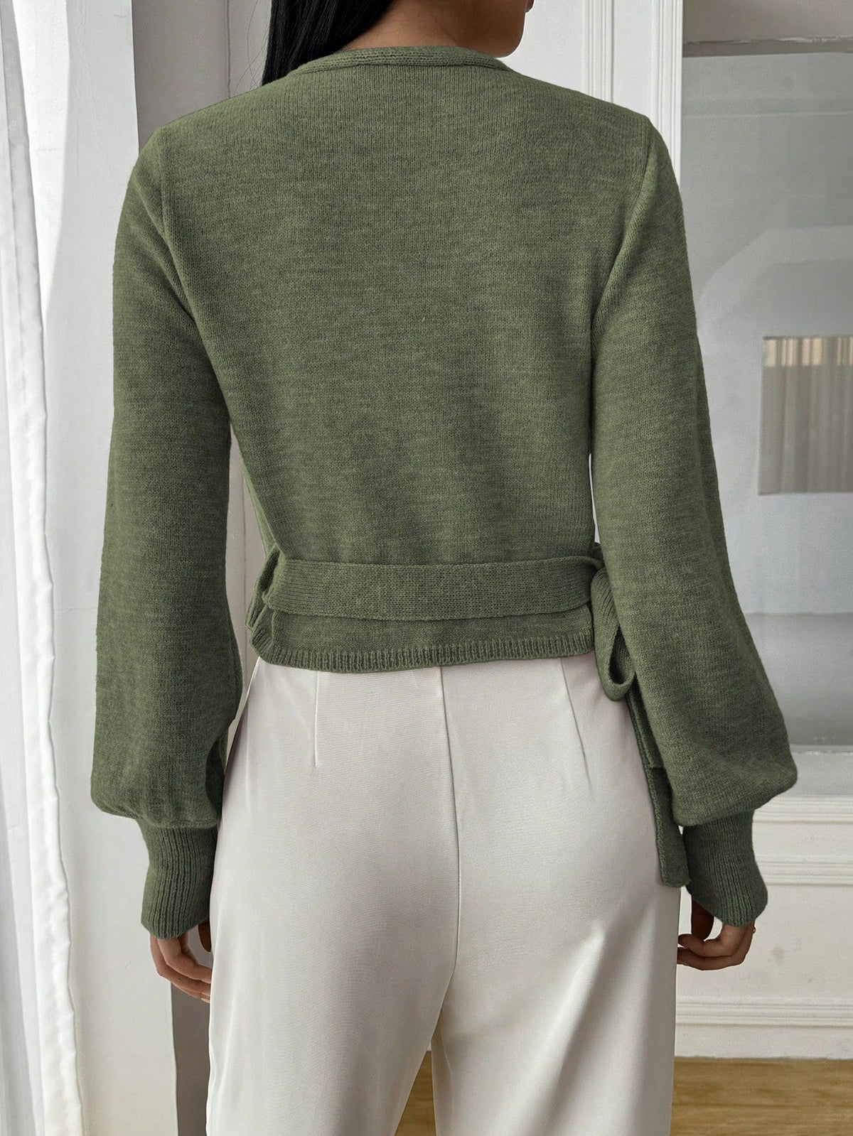 Stylish Knitted Wrap Croptop with V-Neck and Tie Belt