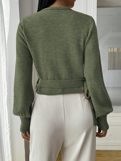 Stylish Knitted Wrap Croptop with V-Neck and Tie Belt