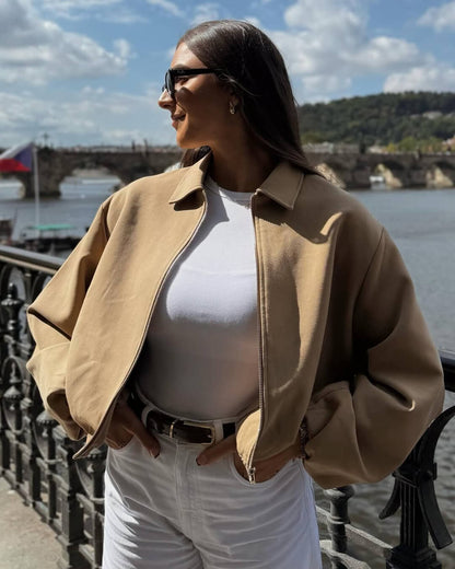 Short Women's Bomber Jacket with Zip Fastening and Elastic Hem