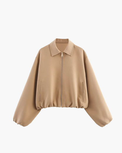 Short Women's Bomber Jacket with Zip Fastening and Elastic Hem