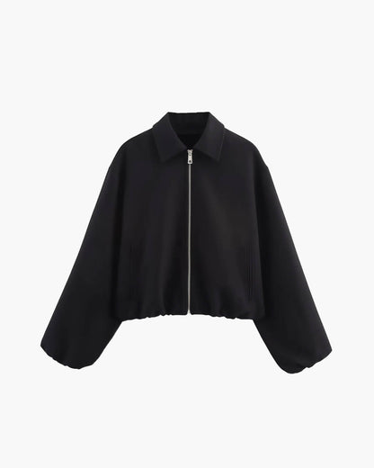 Short Women's Bomber Jacket with Zip Fastening and Elastic Hem