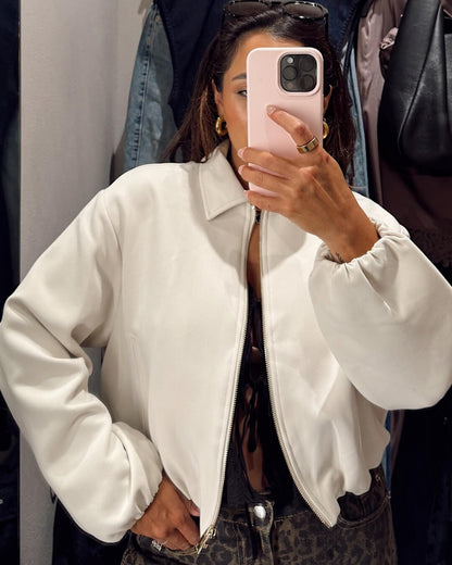 Short Women's Bomber Jacket with Zip Fastening and Elastic Hem