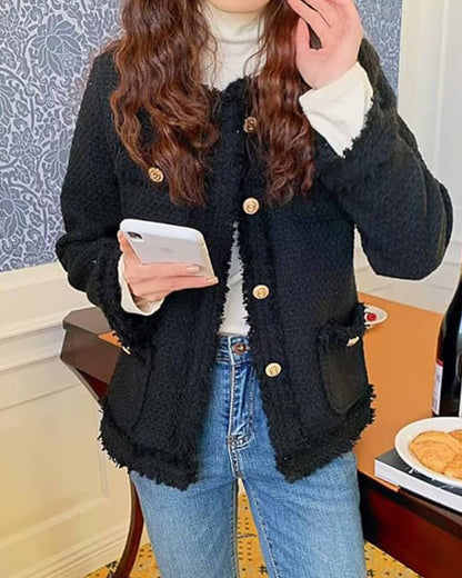 Elegant Tweed Blazer for Women with Pockets and Gold Buttons