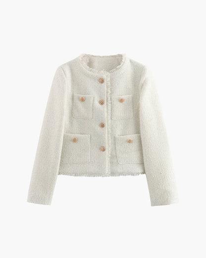 Elegant Tweed Blazer for Women with Pockets and Gold Buttons