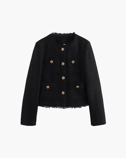 Elegant Tweed Blazer for Women with Pockets and Gold Buttons